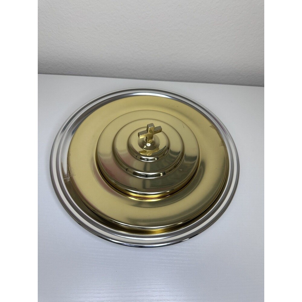 Vintage Metal Communion Plate Gold/Silver With Cross Artistic Churcware